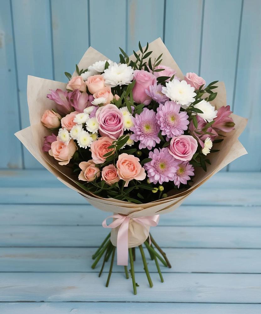 Букет цветов из: Хризантемы, Розы и Альстромерии в Усть-Бузулукской