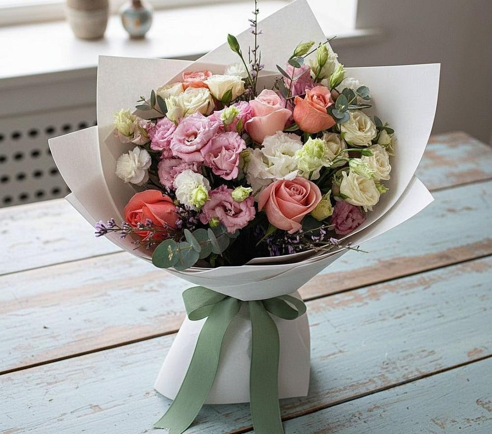 Букет цветов из: Розы, Лизиантусы и Гвоздики в Усть-Бузулукской