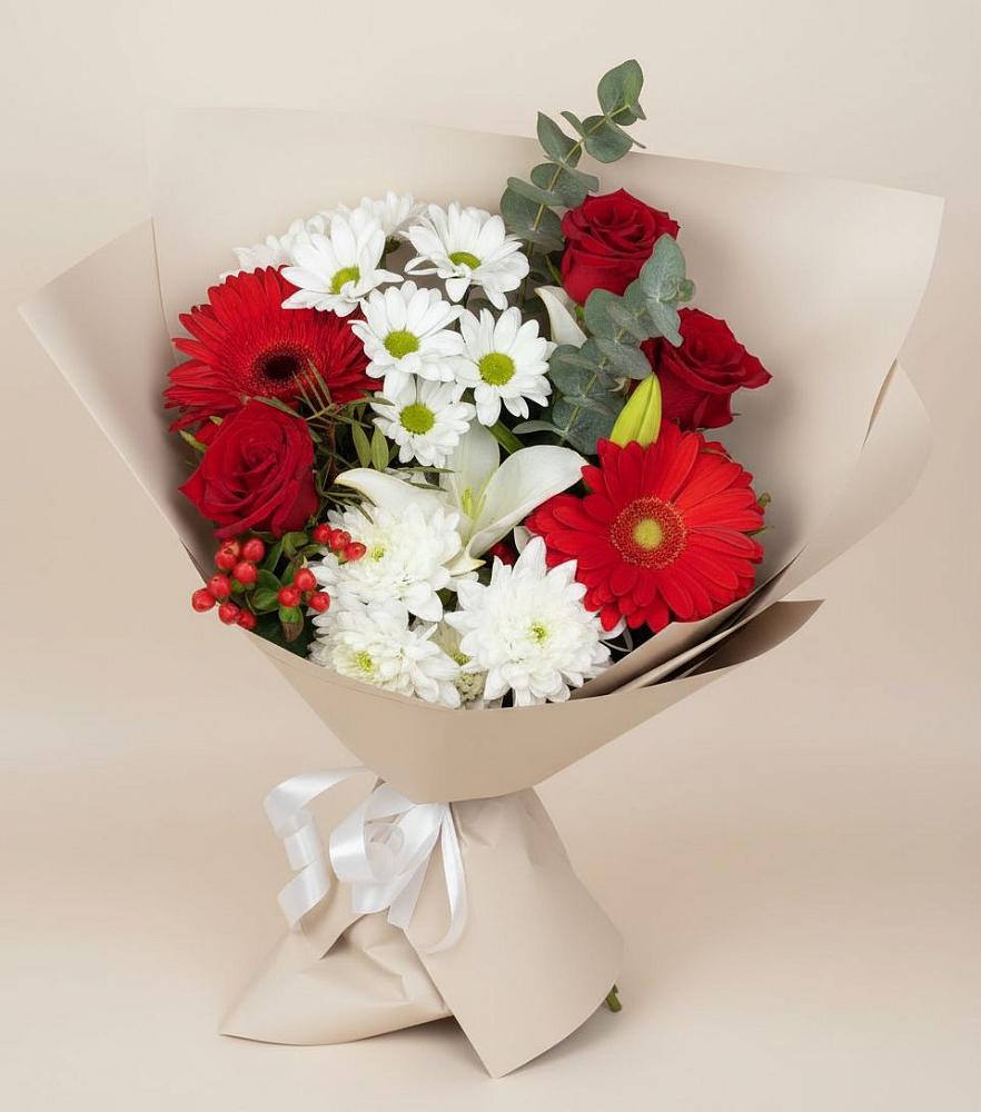 Букет цветов из: Розы, Хризантемы, Герберы и Лилии в Усть-Бузулукской