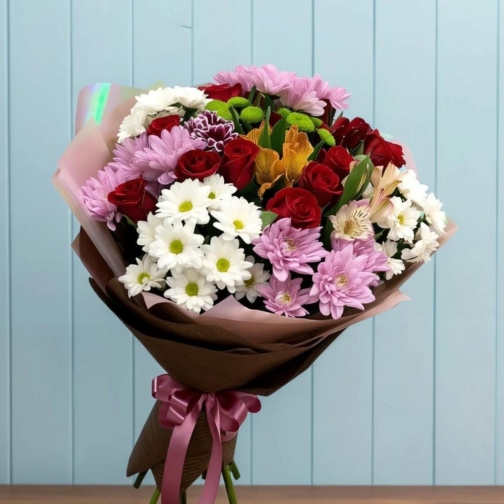 Букет цветов из: Розы, Хризантемы и Альстромерии в Усть-Бузулукской