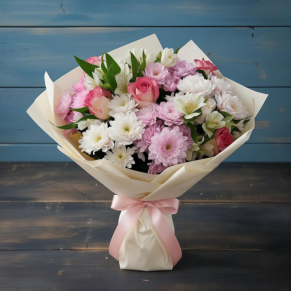 Букет цветов из: Хризантемы, Альстромерии и Розы в Усть-Бузулукской